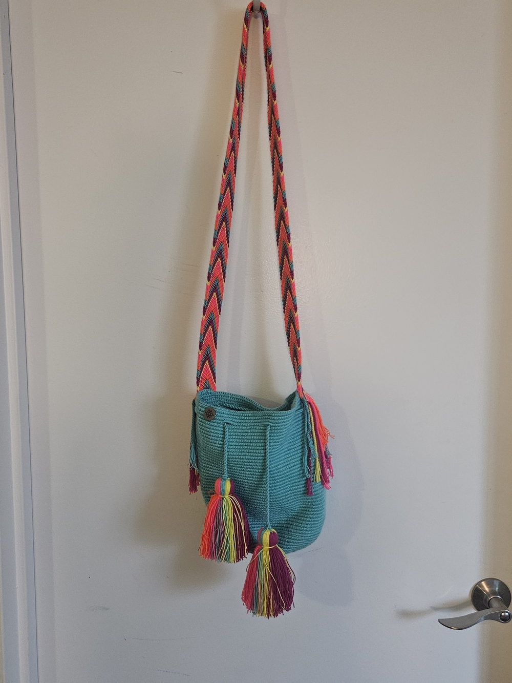 Handwoven Teal Bucket Bag with Multicolor Tassels